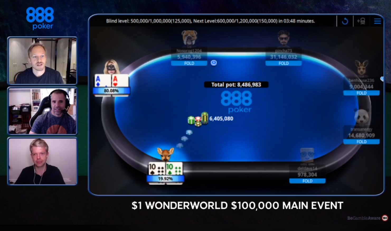 David Tuchman and Nick Wealthall on commentary, and at the final table with 888poker Ambassador Martin Jacobson.