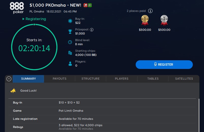 $22 buy-in, $1,000 GTD PKOmaha