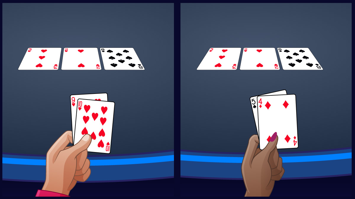 poker hand with a flush draw and one with a straight draw with flops showing both draws