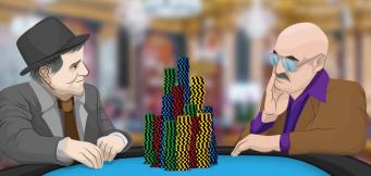 2 poker players with a massive pile of chips 